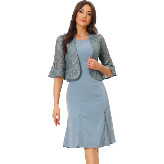 Unique Bargains Women's Lace Cropped Shrug Sleeveless Midi 2 Piece Party Dress Sets XS Grey Blue