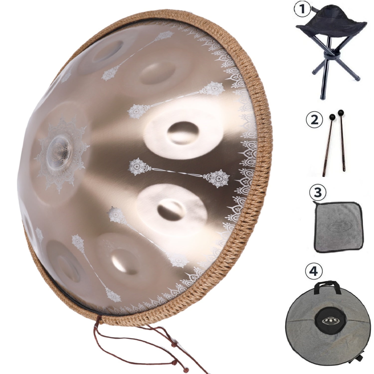 440HZ Tambourine Steel Drum in D Minor 22Inch Golden 10 Notes Mandala Handpan Percussion Drum with Soft HandPan Bag