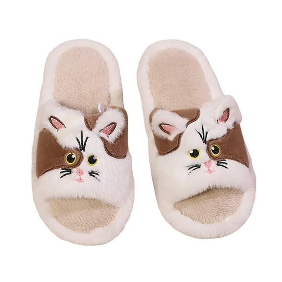 Fuzzy Slippers For Women Slippers Fuzzy Comfortable Shoes Cute Cat Print Open Toe Flat Slides Cozy Fall Winter Home Footwear Warm Cozy Winter House Slippers Bedroom Indoor House Shoes