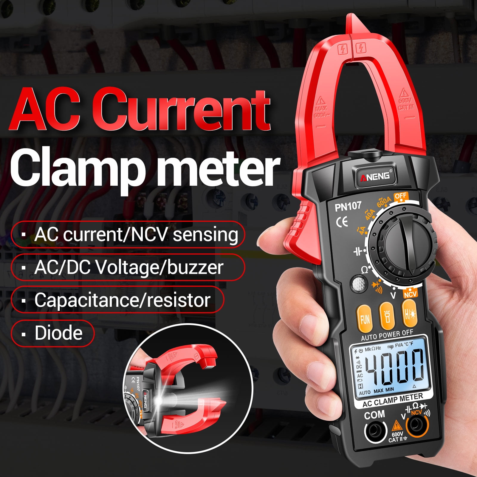ANENG PN107 Digital Clamp Meter CAT II 600V AC Voltage Multimeter Tester 4000 Counts Amp Voltage Tester Measures AC/DC Current AC Voltage Resistance Capacitor Diodes