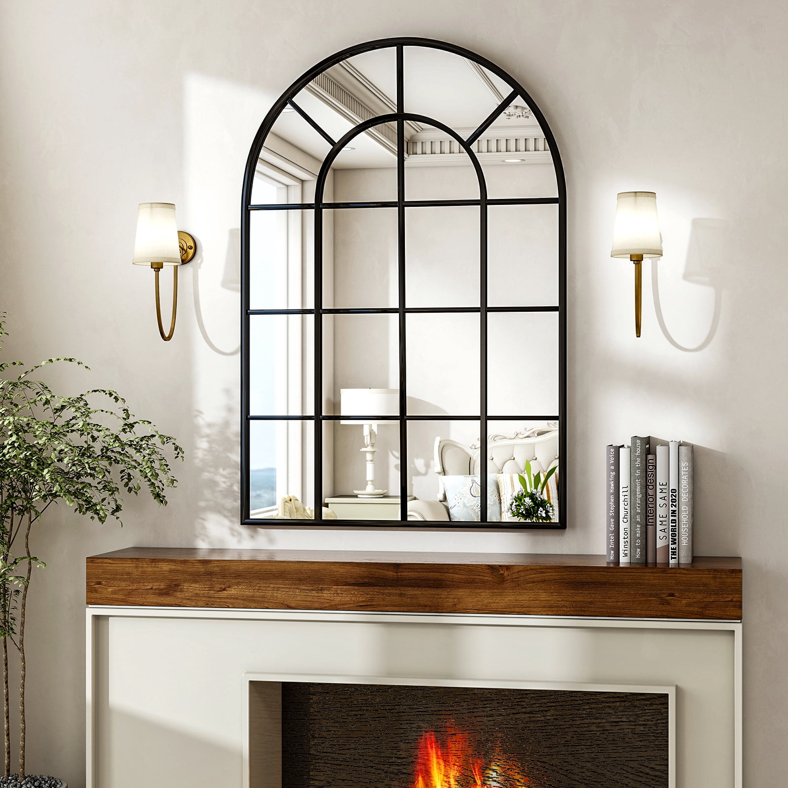 Easy4Home 36" x 24" Windowpane Arched Mirror Decorative Grid Wall Mirror, Black
