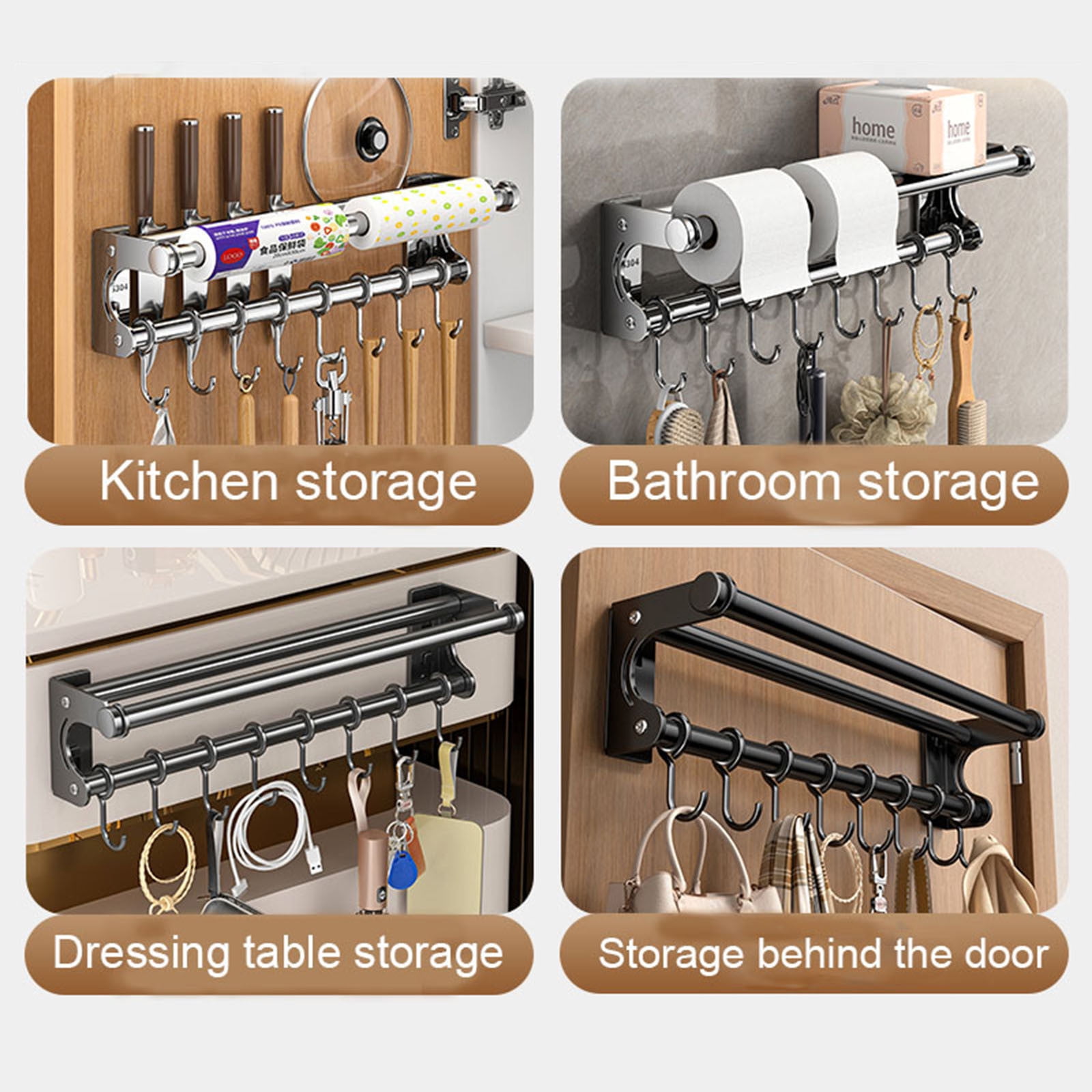 Kitchen Utensil Hooks, Kitchen Rail Kitchen Utensils Rack, No Drilling Adhesive Stainless Steel Hanging Rail Rack, Wall Mounted Hanger Organizer for Bathroom(with 10 Hooks, 19.7in)
