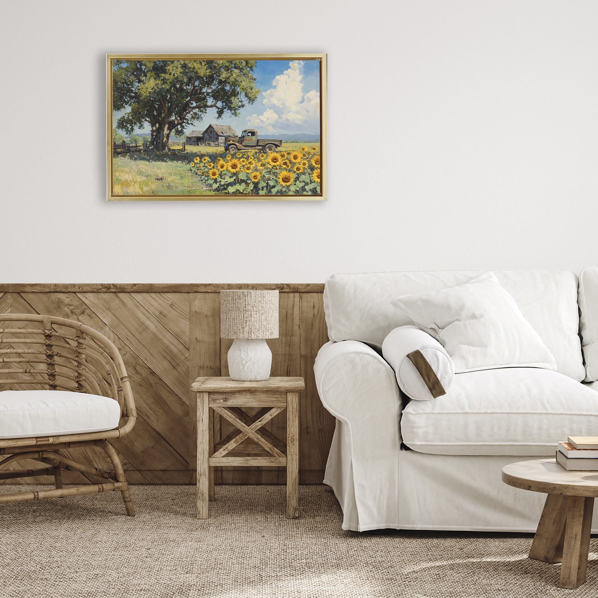 Stupell Industries Sunflower Pickup by Old Barn Gold Framed Floater Canvas Wall Art, design by Franklyn Gregory