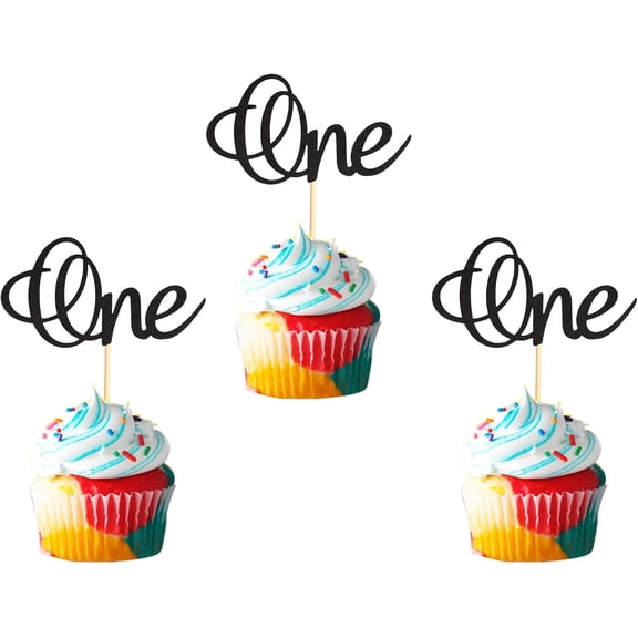 8pcs One Cupcake Toppers Baby First Birthday Cake Decorations for Baby Shower Boys Girls Kids 1st Birthday Party Decorations Supplies - Black Glitter