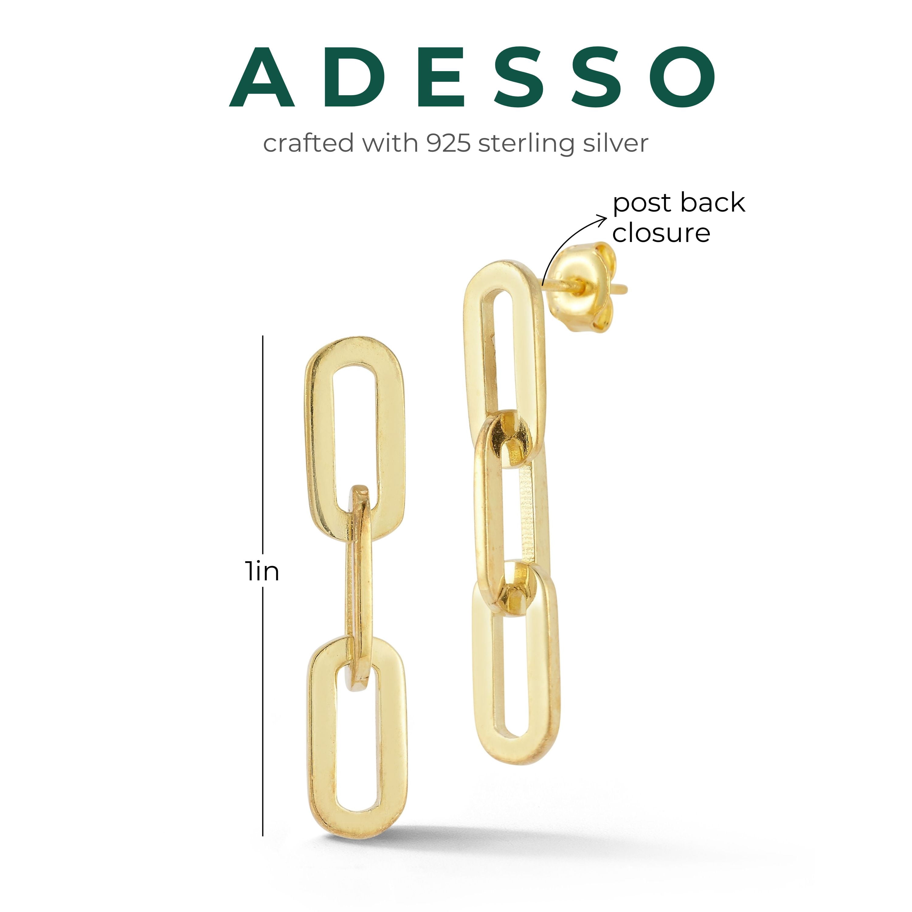 Adesso Milano Jewlery Sterling Silver Paperclip Link Drop Earrings for Women, 3 links, Gold