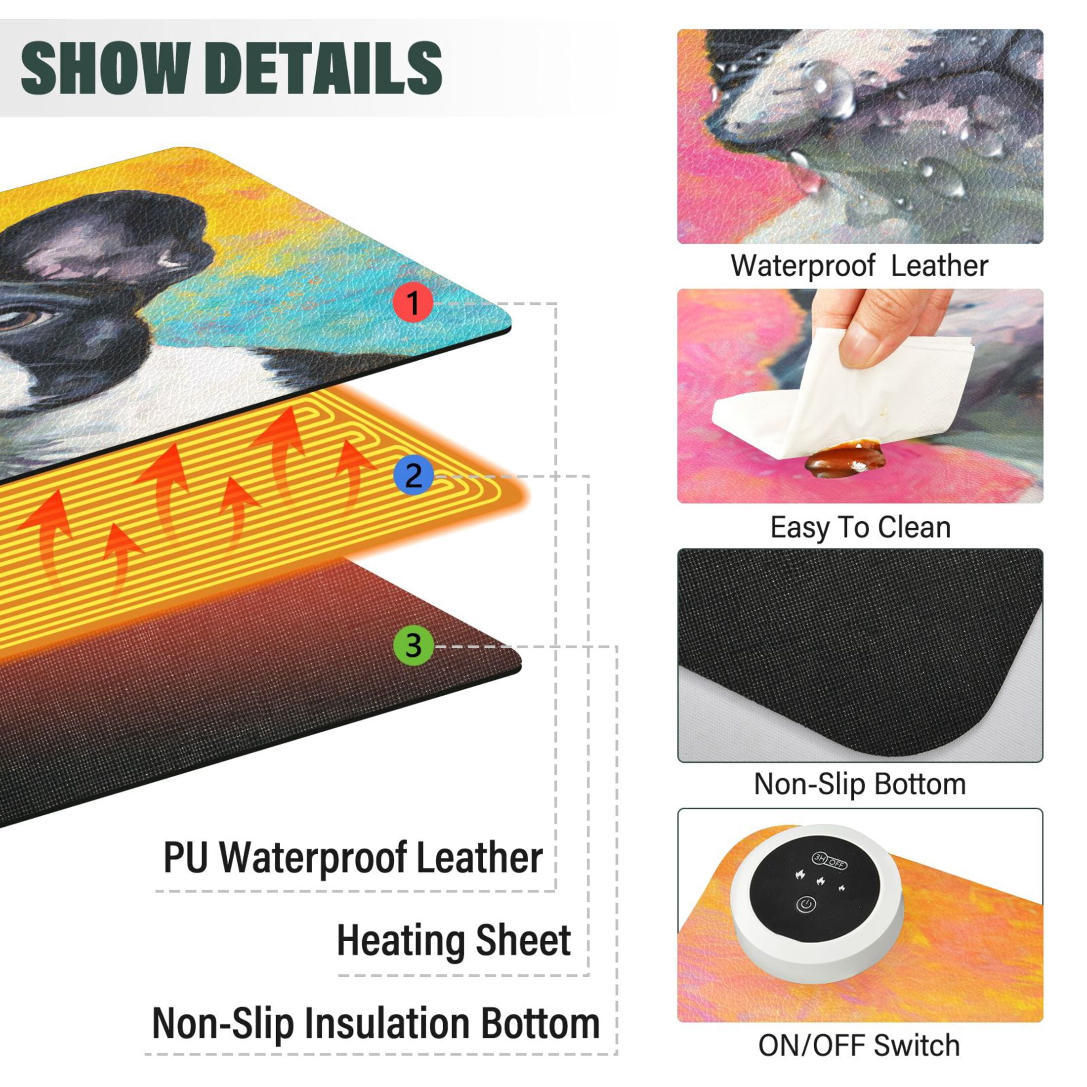 Large Heated Desk Mat Mouse Pad 31.5"x13"PU Leather Graphene Heating Desk Warmer with 3 Temperature Settings 110V US Plug Non-Slip Warm Pad for Home, Office, and Gaming Rainbow French Bulldog Canvas