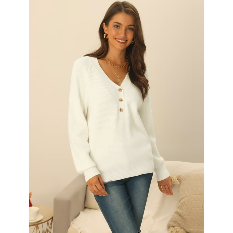 Unique Bargains Women's V Neck Button Down Ribbed Knit Unique Bargains Women's V Neck Button Down Ribbed Knit
