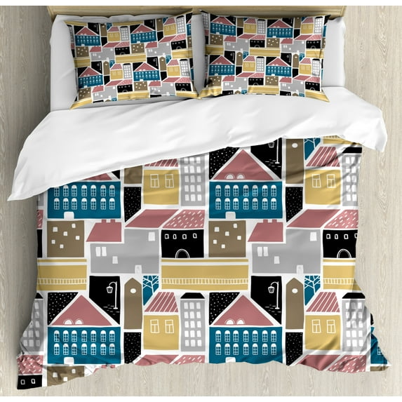 Doodle Duvet Cover Set Queen Size, Cartoon Animated Pattern of Colorful Scandinavian Old Town Houses on Plain Backdrop, Decorative 3 Piece Bedding Set with 2 Pillow Shams, Multicolor, by Ambesonne