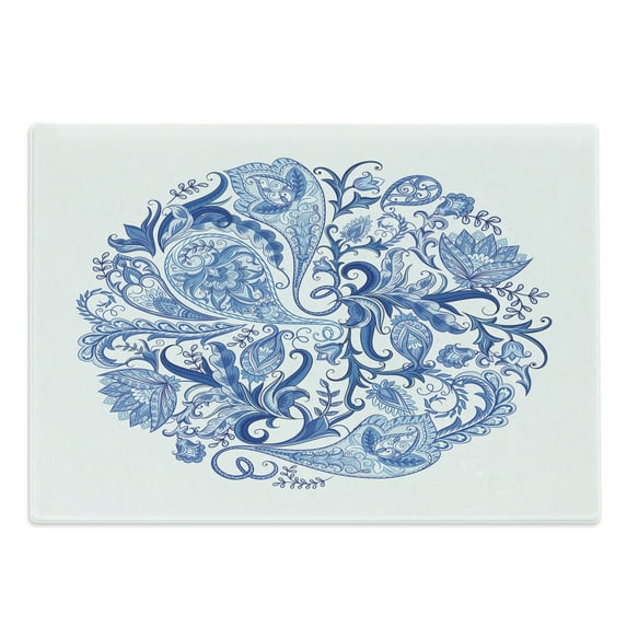 Ethnic Cutting Board, Classic Paisley Petals Circular Shape Blue Tones Swirls Branches Motif, Decorative Tempered Glass Cutting and Serving Board, Large Size, Blue Navy Blue and White, by Ambesonne