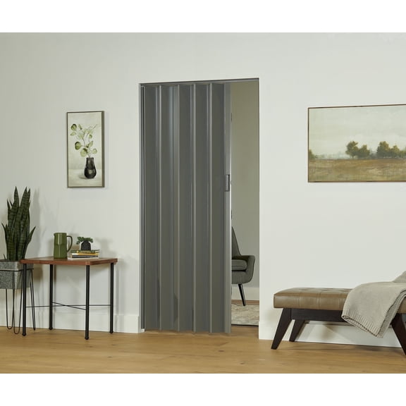 Spectrum Elite 48 in. x 80 in. Vinyl Accordion Folding Closet Door, Retractable Room Divider, Trim to Fit, Reversible, City Grey