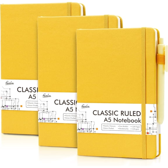 feela 3 Pack Notebooks Journals Bulk with 3 Black Pens, A5 Hardcover Notebook Classic Ruled Lined Journal Set with Pen Holder for Work Business Journaling Note Taking, 120 GSM, 5.1”x8.3”, Yellow