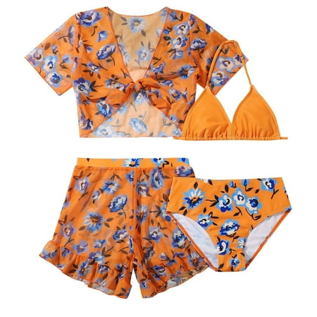 Big Girls  Swimsuits 4 Piece Bikini Sets with Short Sleeve Shirts And Shorts Tropical Flower Print Swimwear for Kids Size 9-10T
