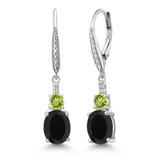 Gem Stone King 925 Sterling Silver Black Onyx and Green Peridot Dangle Earrings for Women with Lab Grown Diamond (4.63 Cttw, Oval 9X7MM)