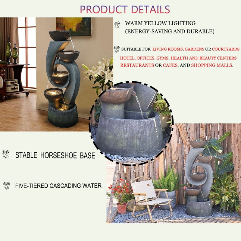 Garden Springs Zen Zone 5-Tiered Polyresin Water Fountain with LED Lights