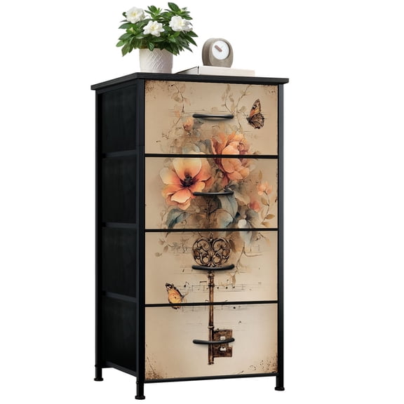 Dresser for Bedroom with 4 Storage Drawers Vintage Key Watercolor Flowers Musical Notes Dressers Chest of Drawers Steel Framed Fabric Closet Organizers for Dorm Entryway End Table