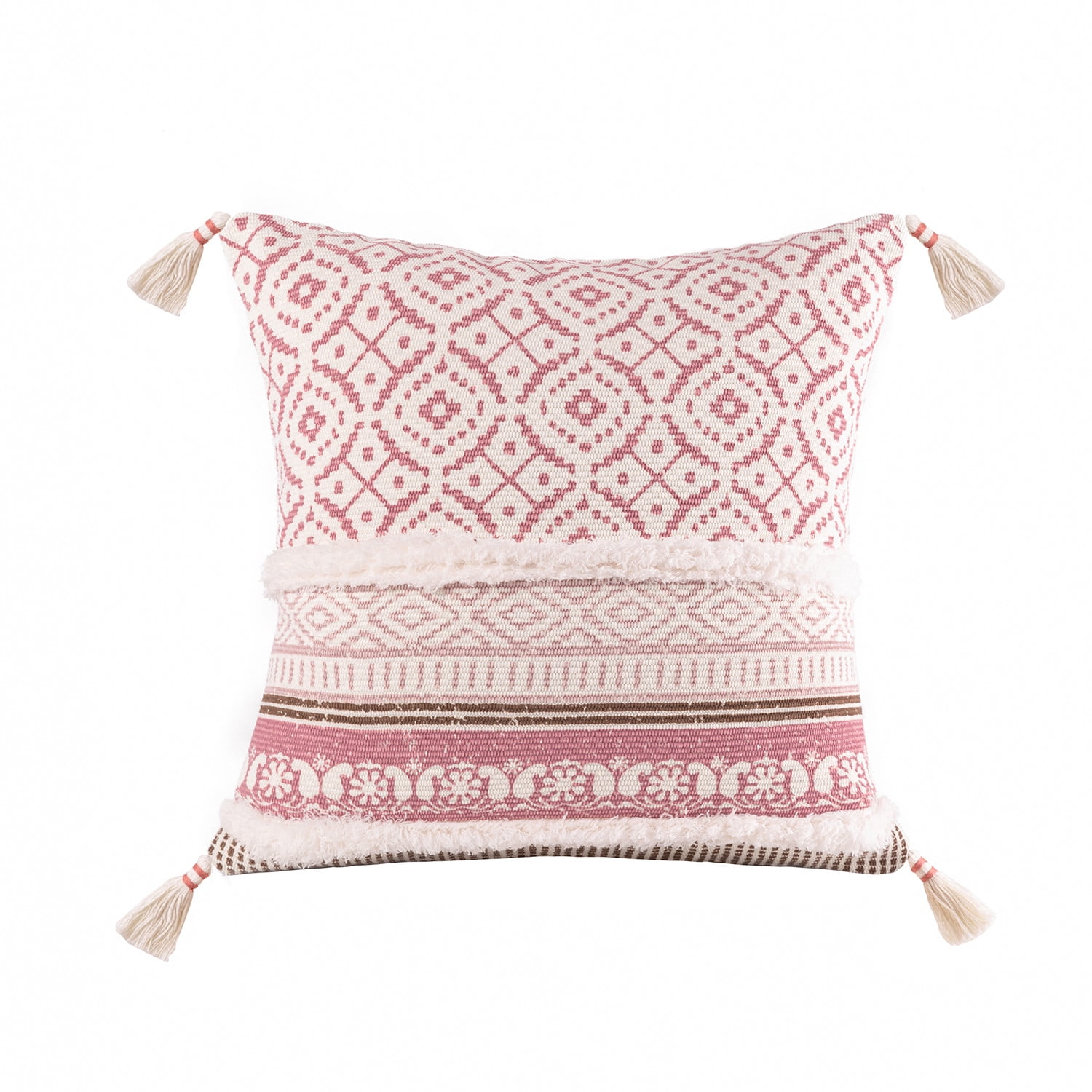 Phantoscope 100% Cotton Handmade Crochet Boho Series with Invisible Zipper Throw Pillow, 18 inch x 18 inch, Pink, 1 Pack