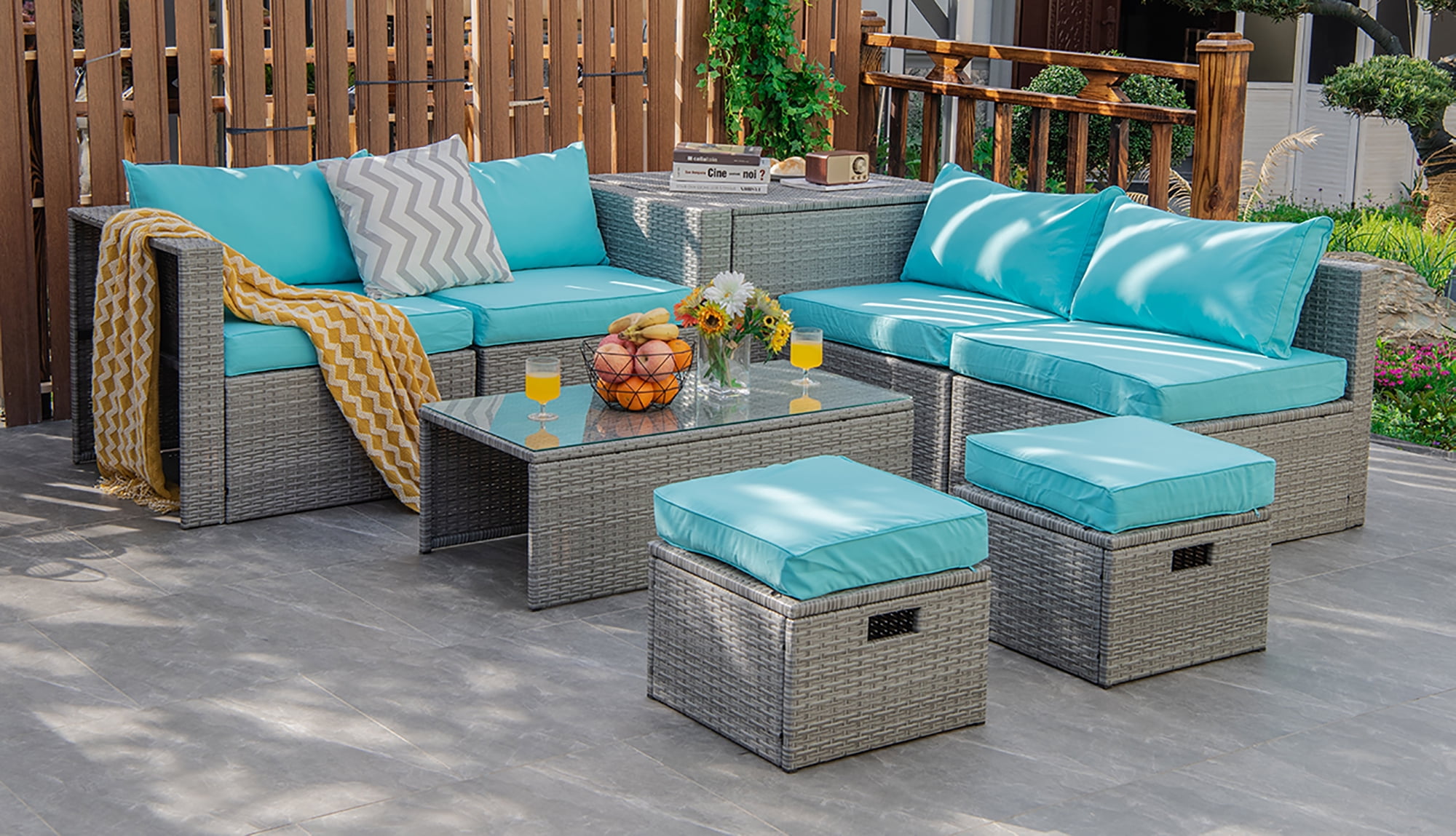 Costway 8PCS Patio Rattan Furniture Set Storage Waterproof Cover Turquoise