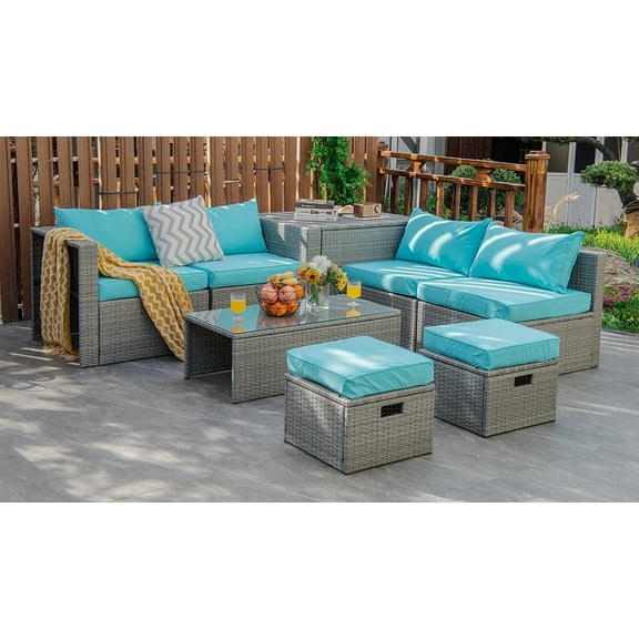 Costway 8PCS Patio Rattan Furniture Set Storage Waterproof Cover Turquoise