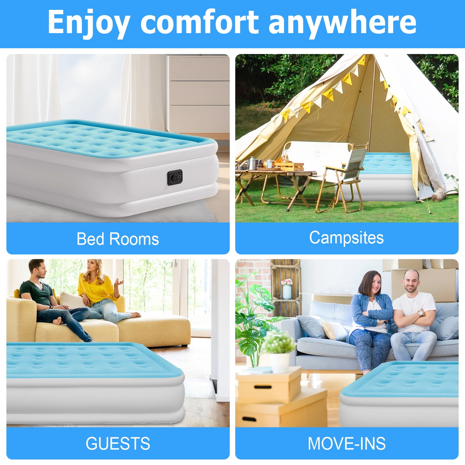 Full Air Mattress with Built-in Pump 18" Top Flocking,Raised Comfort,Fast Inflation/Deflation Foldable Portable Air Bed with Storage Bag for Home,Camping,Guests Light Blue