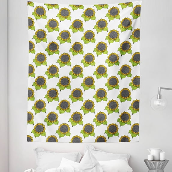 Floral Tapestry, Hand Drawn Sketch Sunflowers with Vibrant Fresh Spring Leaves, Fabric Wall Hanging Decor for Bedroom Living Room Dorm, 5 Sizes, Apple Green Dark Taupe, by Ambesonne
