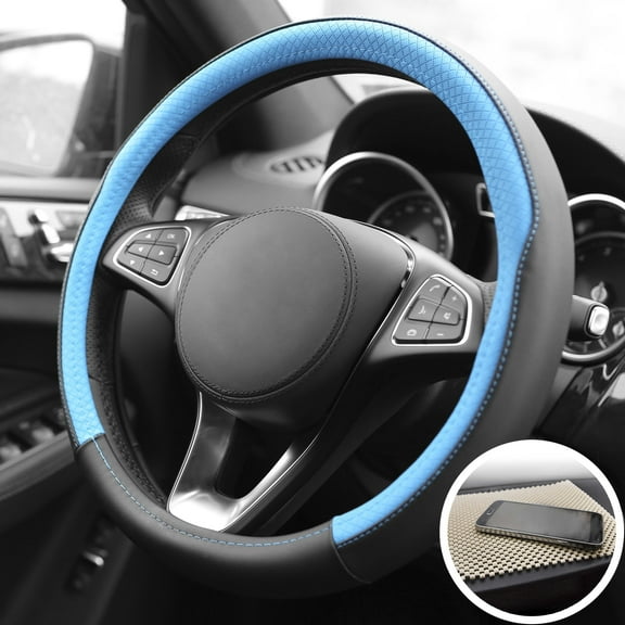 FH Group Microfiber Leather Steering Wheel Cover Fits 14.5" - 15.5" w/ Dash Mat