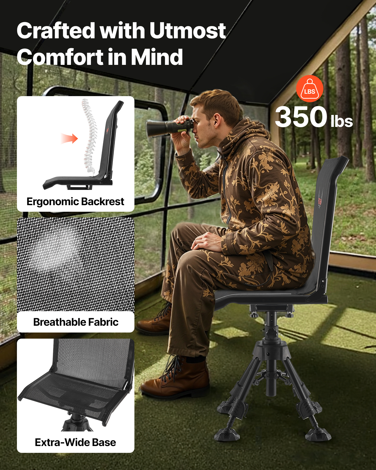 VEVOR Hunting Chair, 360° Silent Swivel, Foldable Portable Blind Chair, Heavy-Duty Steel Frame Ground Stool Seat with Anti-Sink Swivel Feet, Height Adjustable, 350 Lbs Capacity for Fishing Camping