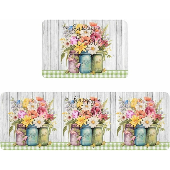 Anti-Fatigue Kitchen Mats Standing Rugs Set of 2,Spring Floral Easter Egg Green Plaid Non-Slip Area Runner Floor Doormat Rustic Farm Wood Board Washable Cushioned Carpet for Bedroom Bathroom Decor