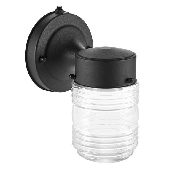 Maxxima LED Outdoor Wall Light, Clear Glass Jelly Jar, Black Finish, Dusk to Dawn Sensor, 800 Lumens, Photocell Sensor, 3000K Warm White