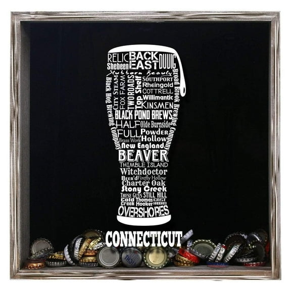 Torched Connecticut Beer Cap Shadow Box Hanging Decor 13"x 13" x 3.5" Gray