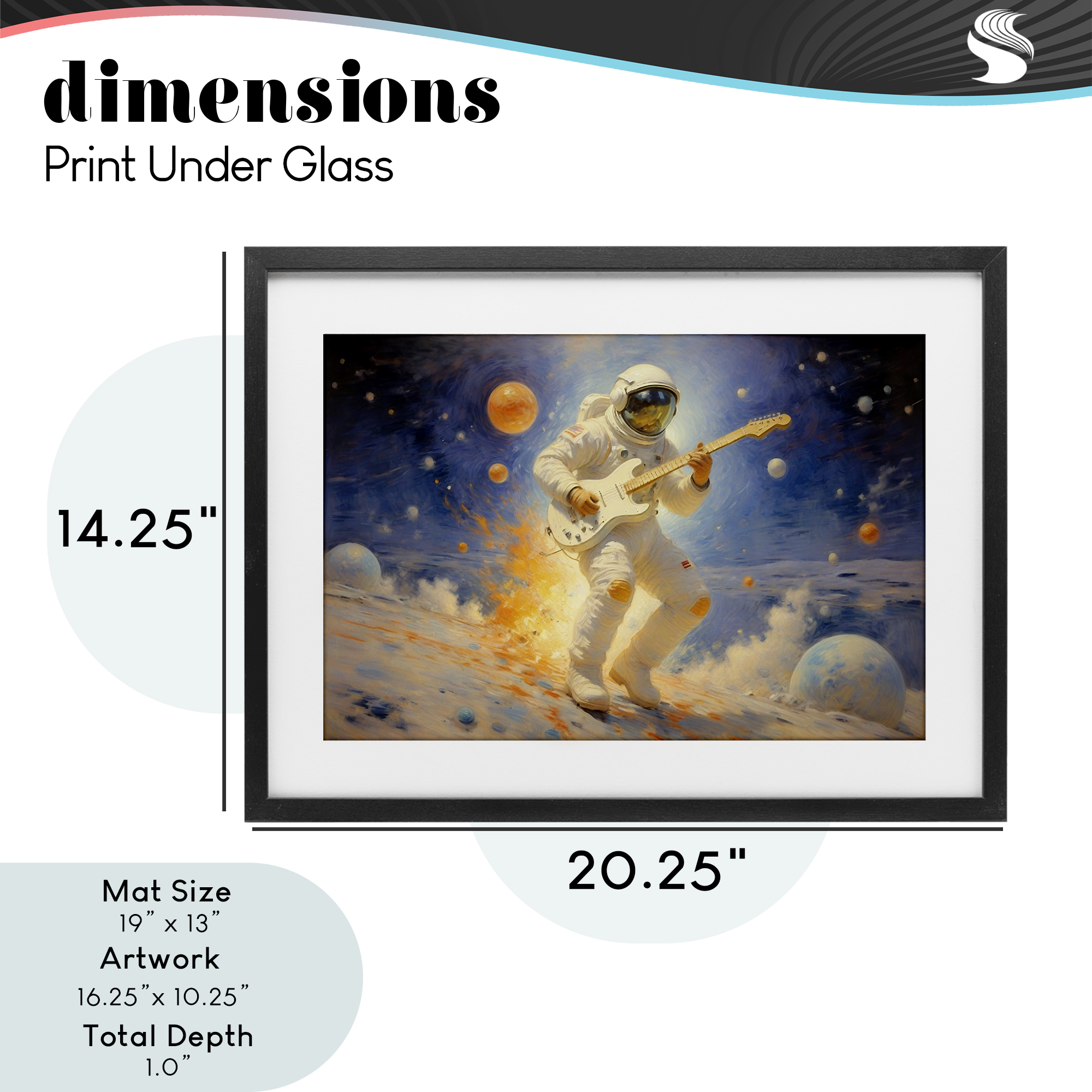 Space Astronaut Musician Black Framed Print Under Glass, design by Angie Hawke