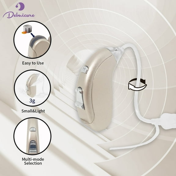 Delmicure Hearing Aid VHP-702 - Digital Hearing Aid for Adults with Replaceable Battery: BTE Device with Adjustable Volume and Mode, Clear Voice with Noise Cancelling Chip, Lightweight Design