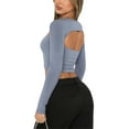 thumbnail image 4 of SAYOO Women's Spring Summer Slim Crop Tops Solid Color Long Sleeve Hollow Out Clubwear T-shirt, 4 of 5