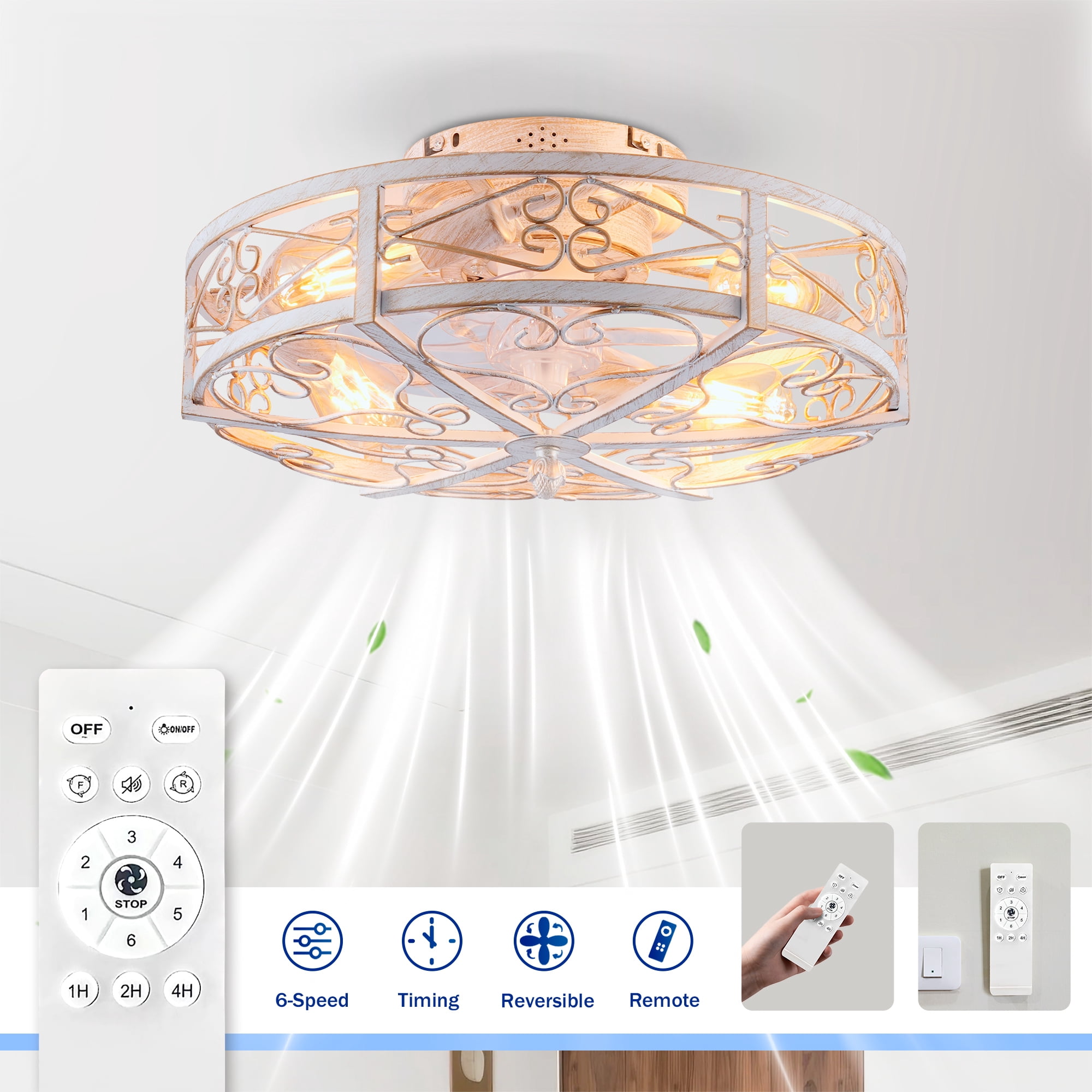 Leumius 20" White Flush Mount Ceiling Fan with Light, Reversible Motor and DC Remote Control,6 Speed Ceiling Fan,Timing for Living Room Bedroom Dining Room(NOT Included Bulbs)