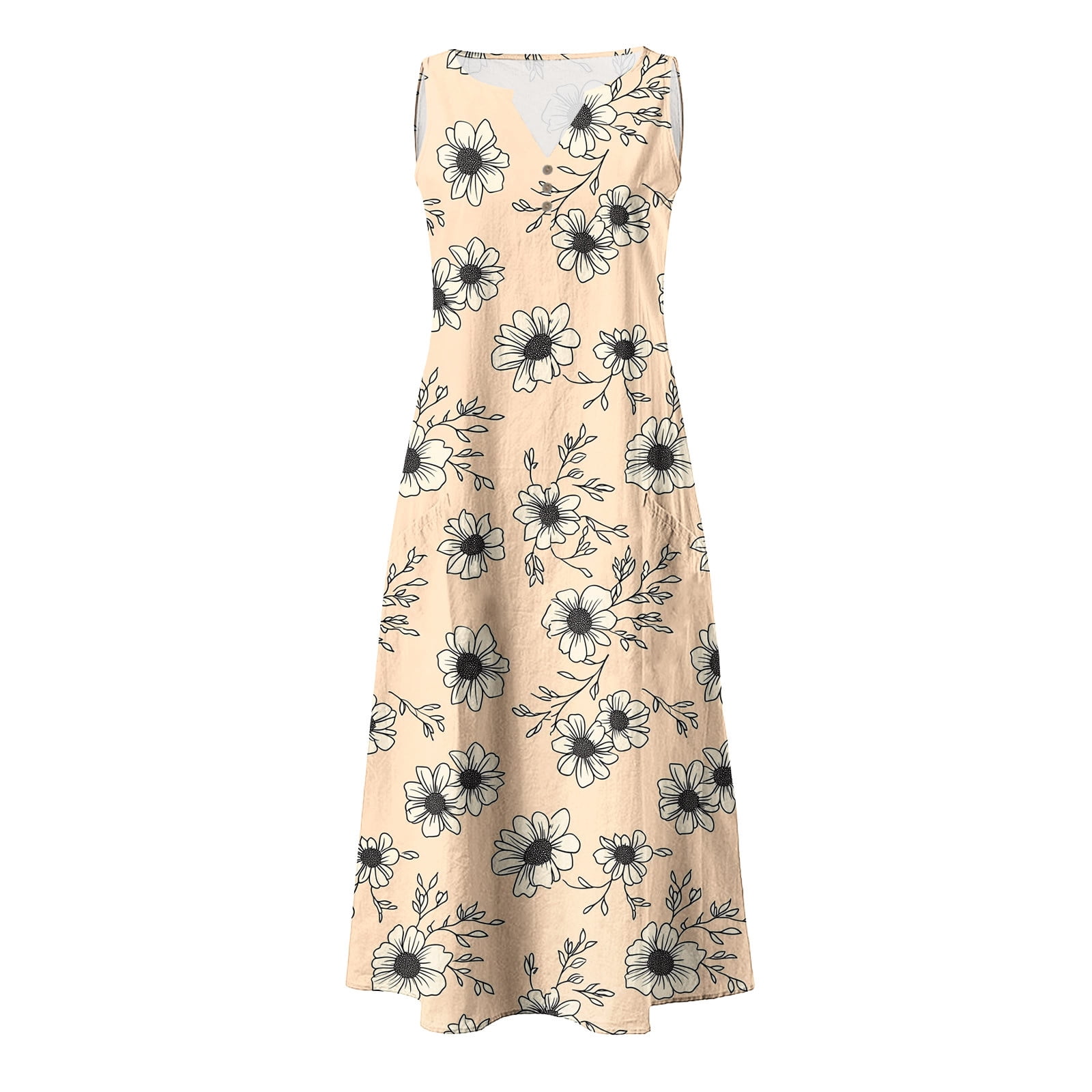 Viikei Women's Sleeveless Midi Dress Chic Style,Women's Summer Casual Dress Gradual Sleeveless Neck V-Neck Long Dress Beige XXL