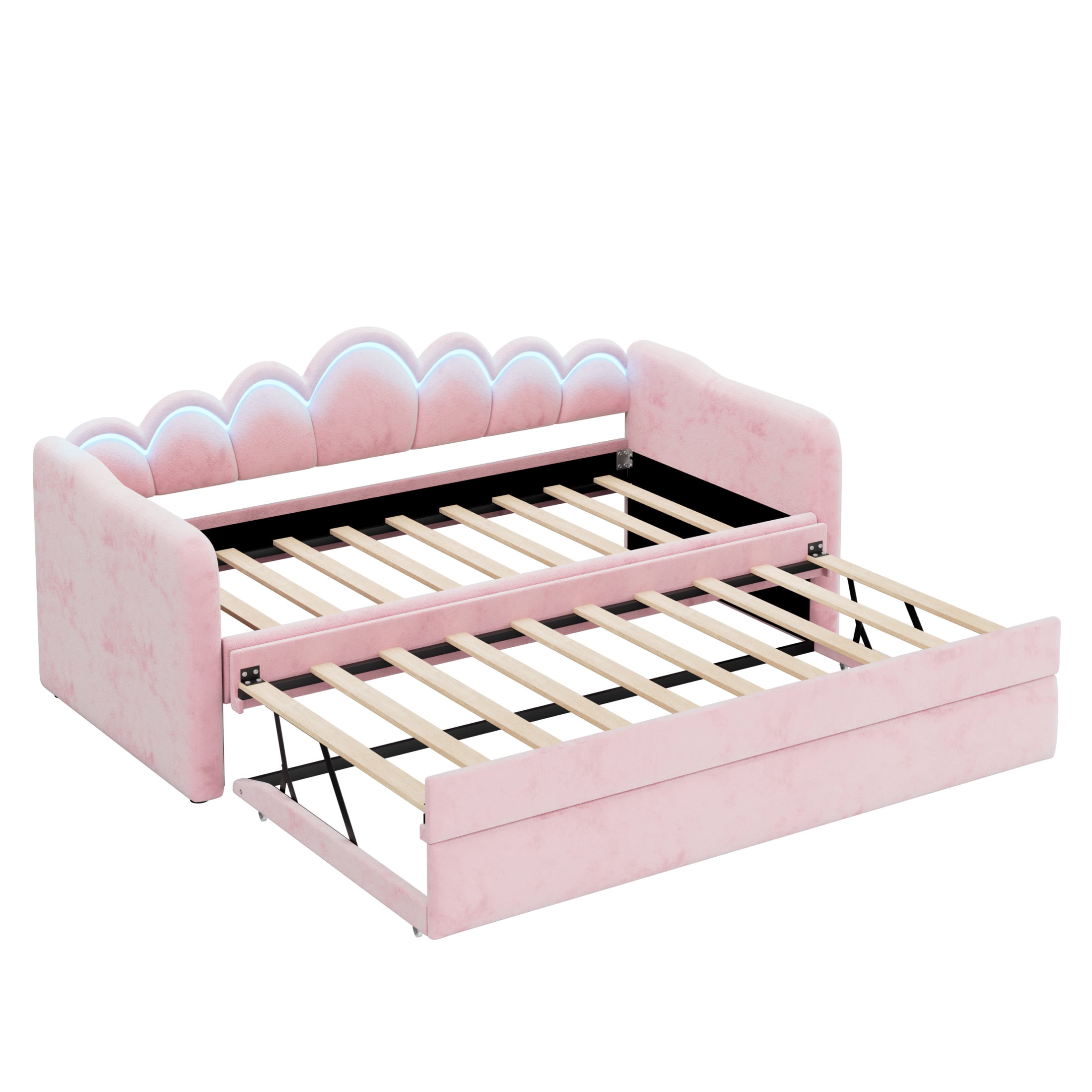 Noble House Twin XL Upholstered Velvet Daybed with LED Light and Pop-Up Height Trundle, Space Saving Design, Pink