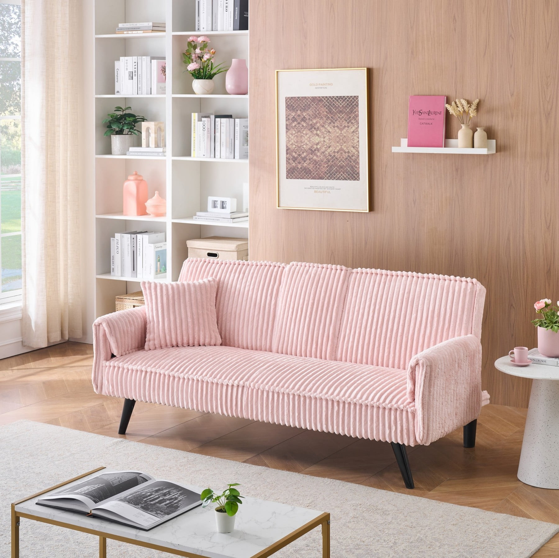 Corduroy Sofa Couch, Adjustable Modern Sleeper Sofa with Cup Holders for Living Room Bedroom Apartment, Pink