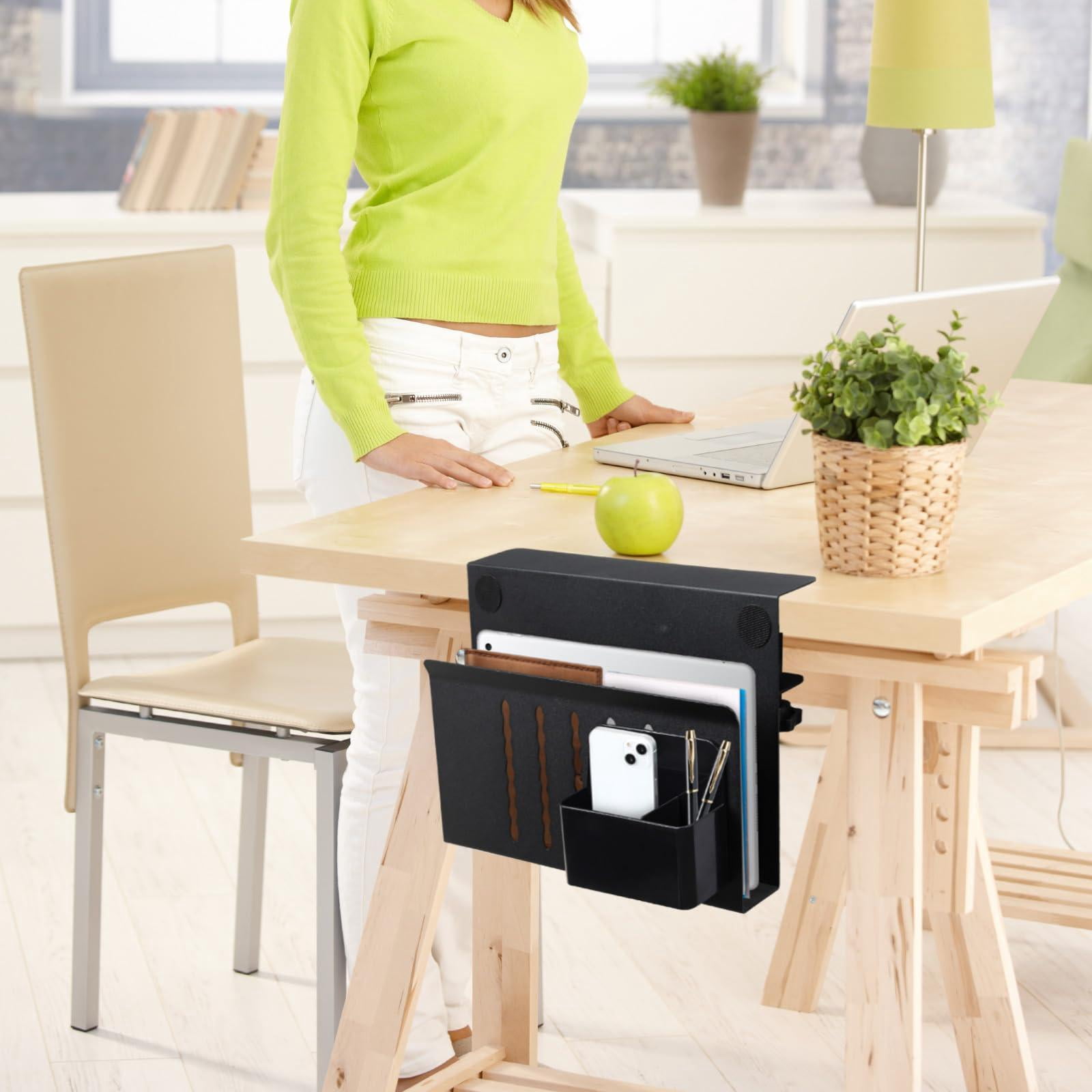 Desk Side Storage  Steel Organizer No Drill Laptop Holder Clamp On Mount With Pen Table Hanging For Home Office Fits Flat Edge Tables 0.3" To 2.8"