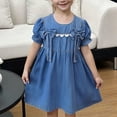 thumbnail image 2 of Ugoldhm Girls Summer Casual Dresses Bow Denim Solid Color Cute Short Sleeve Sundress Size 3-10, 2 of 5