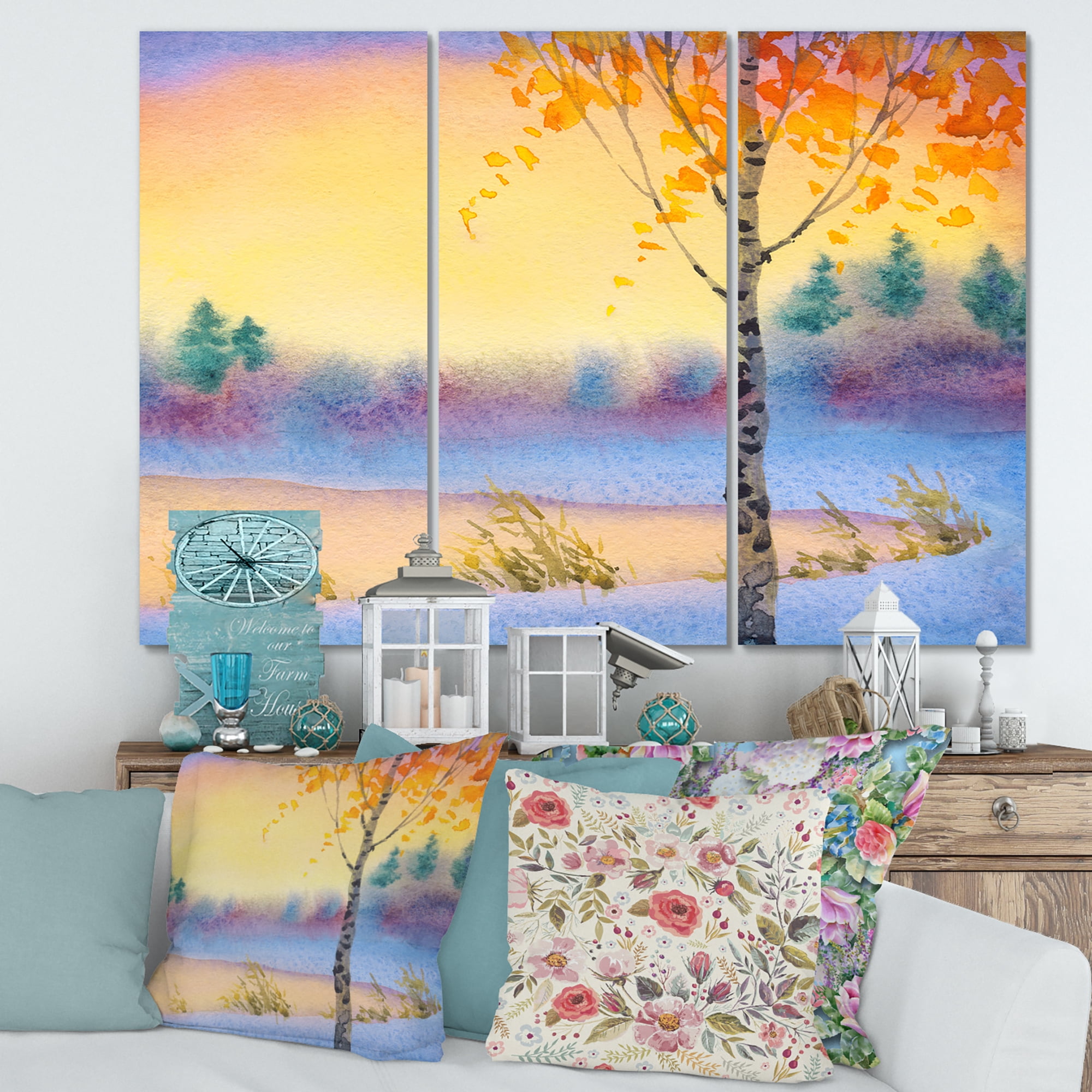 Designart ' Evening Sky Over Lake Winter Landscape ' Traditional Canvas Wall Art Print