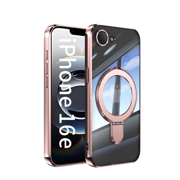 Magnetic for iPhone 16e Case Compatible with MagSafe [Never Yellowing] [Military Grade Drop Protection] Full Camera Lens Protector Plating Clear Crystal Shockproof Phone Case,Rosegold