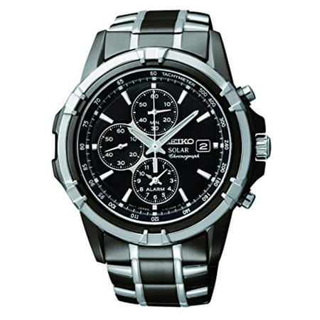 Mens Solar Alarm Chronograph Stainless Watch - Two-tone Bracelet - Black Dial - (Best Solar Watches For Men)