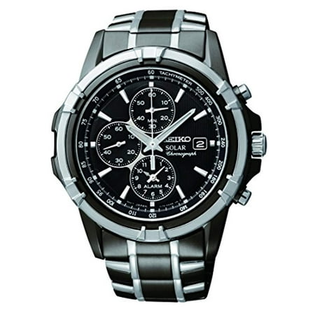 Mens Solar Alarm Chronograph Stainless Watch - Two-tone Bracelet - Black Dial -