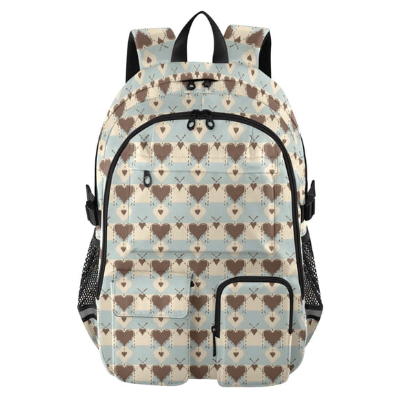 DIXRUYEE Blue Brown Beige and Heart Pattern Pattern Backpack for School 14”Laptop Compatible with Reflective Safety Strips