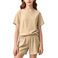 thumbnail image 2 of Babcutegg Girls Two-Piece Loungewear Set – Soft Short Sleeve Round Neck T-Shirt and Matching Casual Shorts for Spring Summer Comfort Beige Size 16-17, 2 of 9