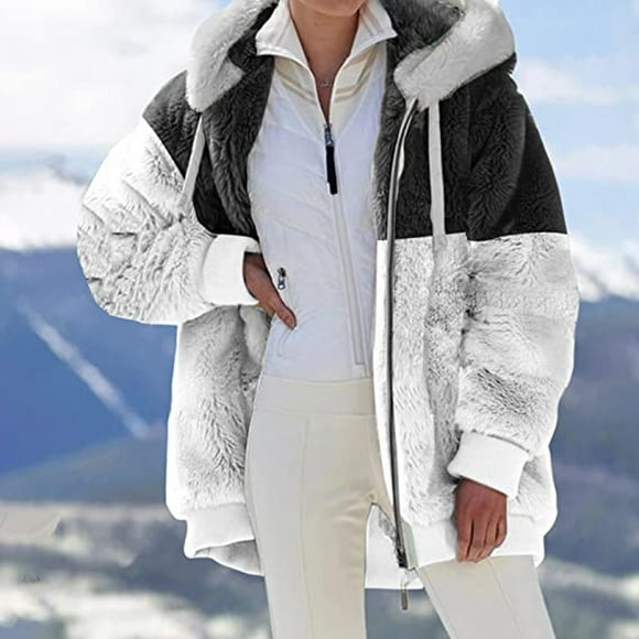 Meichang Winter Coats for Women Fleece Hooded Coats Plus Size Warm Fuzzy Long Sleeve Cardigan Patchwork Color Block Zip-up Plush Jackets Loose Outwear