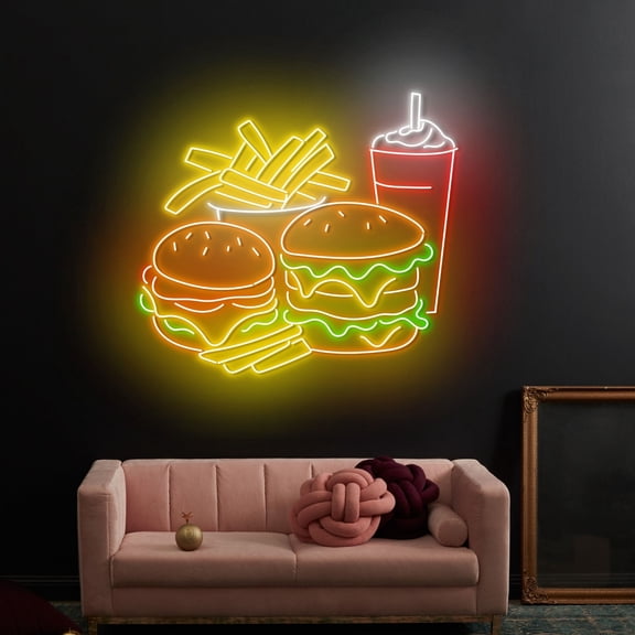 Craftnamesign Hamburger Neon Sign Wall Art, Burger Store LED Light, Fast Food Restaurant Signage