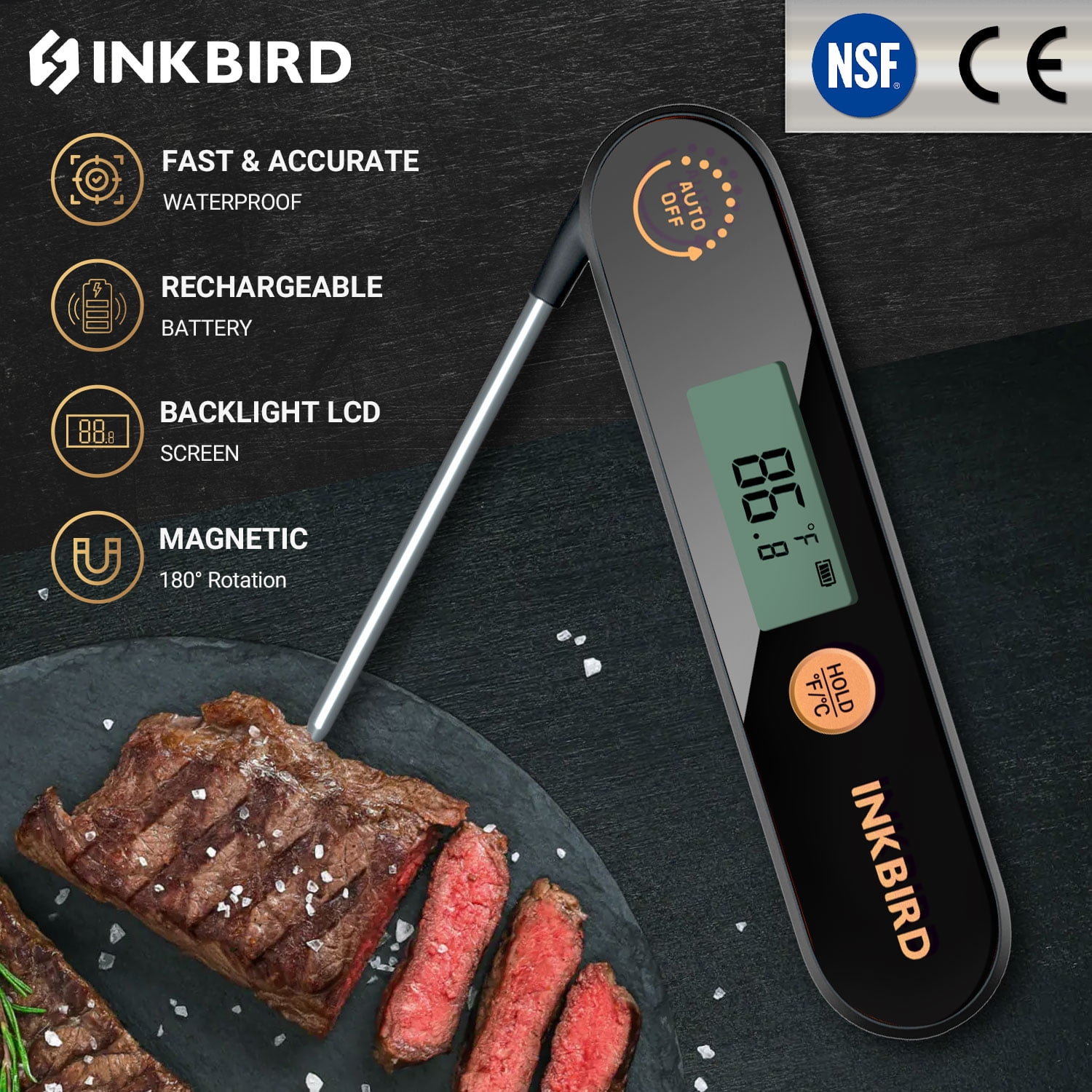 INKBIRD Meat Thermometer with Stainless Steel Probe and LCD Display, Foldable Probe Instant Read Waterproof Digital Food Thermometer , -58°F to 572°F