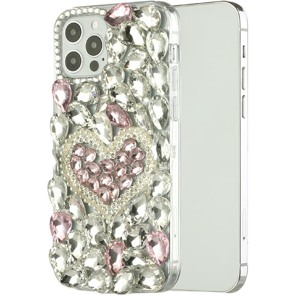 For Apple iPhone 13 Pro (6.1") Bling Crystal 3D Full Diamonds Luxury Sparkle Transparent Rhinestone Hybrid Cover ,Xpm Phone Case [ Pink Pearl Heart ]