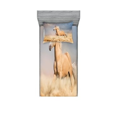 Ambesonne Horse Fitted Sheet & Pillow Sham Set, Palomino Sand Desert, Twin, Purple Grey Peach