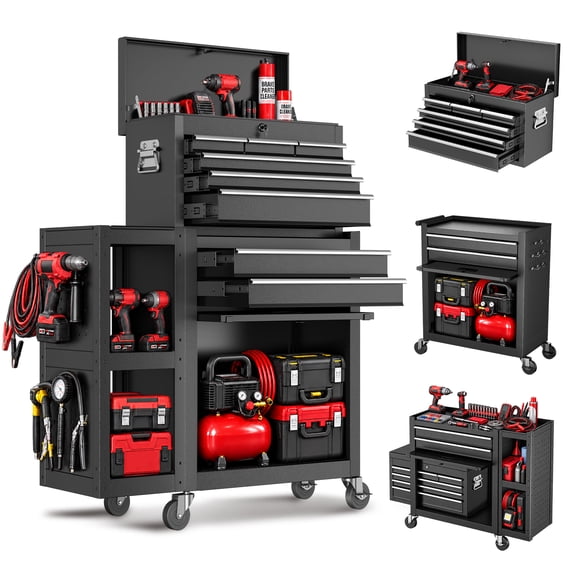 Gewna 8 Drawers Rolling Tool Chest with Locking System,Metal Storage Cart with Side Cabinet,Removable Toolbox Organizer for Workshop,Garage